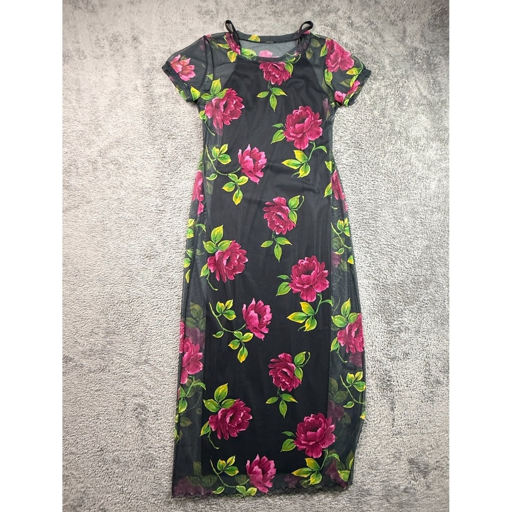 Vintage 90s Banner New York Sheer Mesh Floral Rose Midi Dress 2PC Black Small